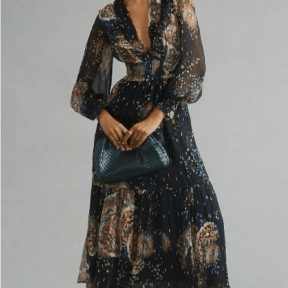 Anthropologie Blue Ruffled Dress with Plunge Neckline